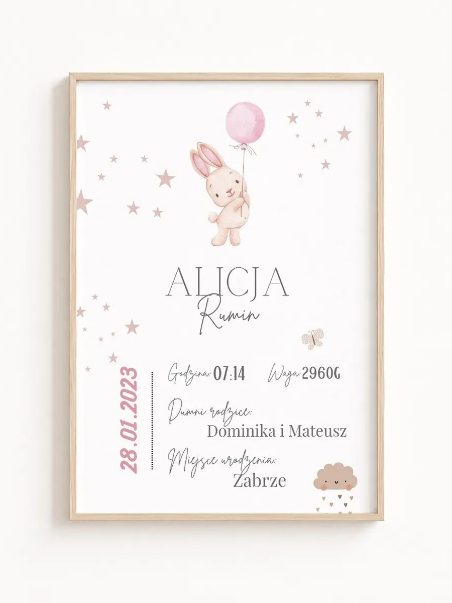Personalizowana Metryczka Urodzenia Dziewczynki z Króliczkiem