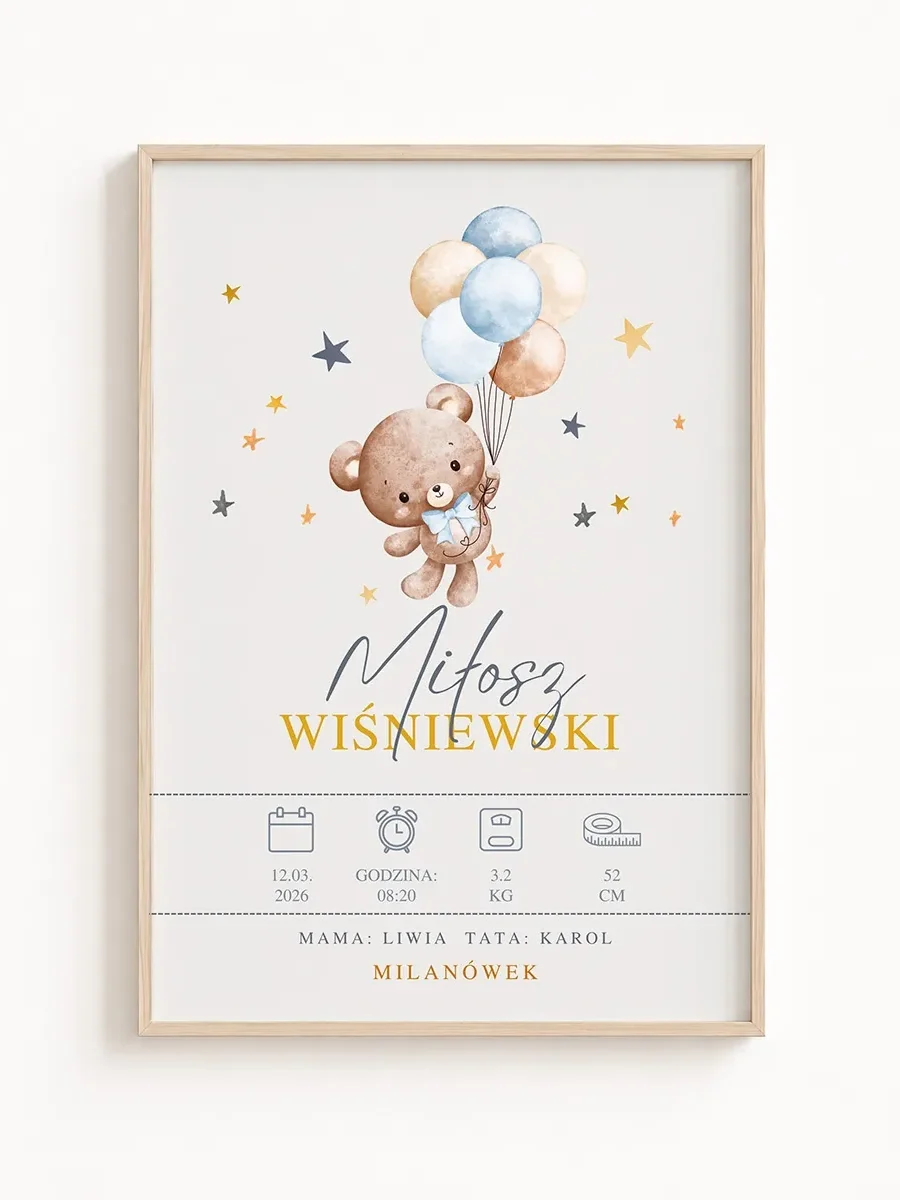 Personalizowana Metryczka Urodzenia Chłopca z Misiem i Balonami