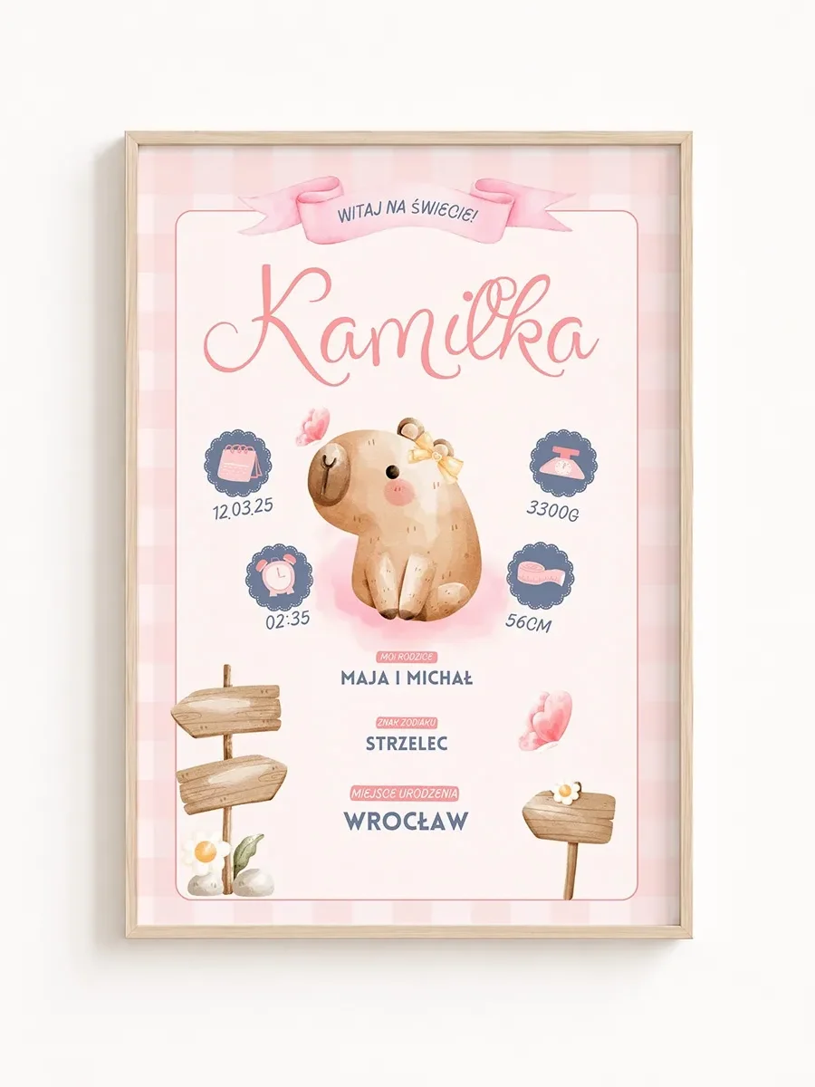 Metryczka Urodzenia Dziewczynki z Kapibarą – Personalizowany Plakat do Pokoju Dziecka