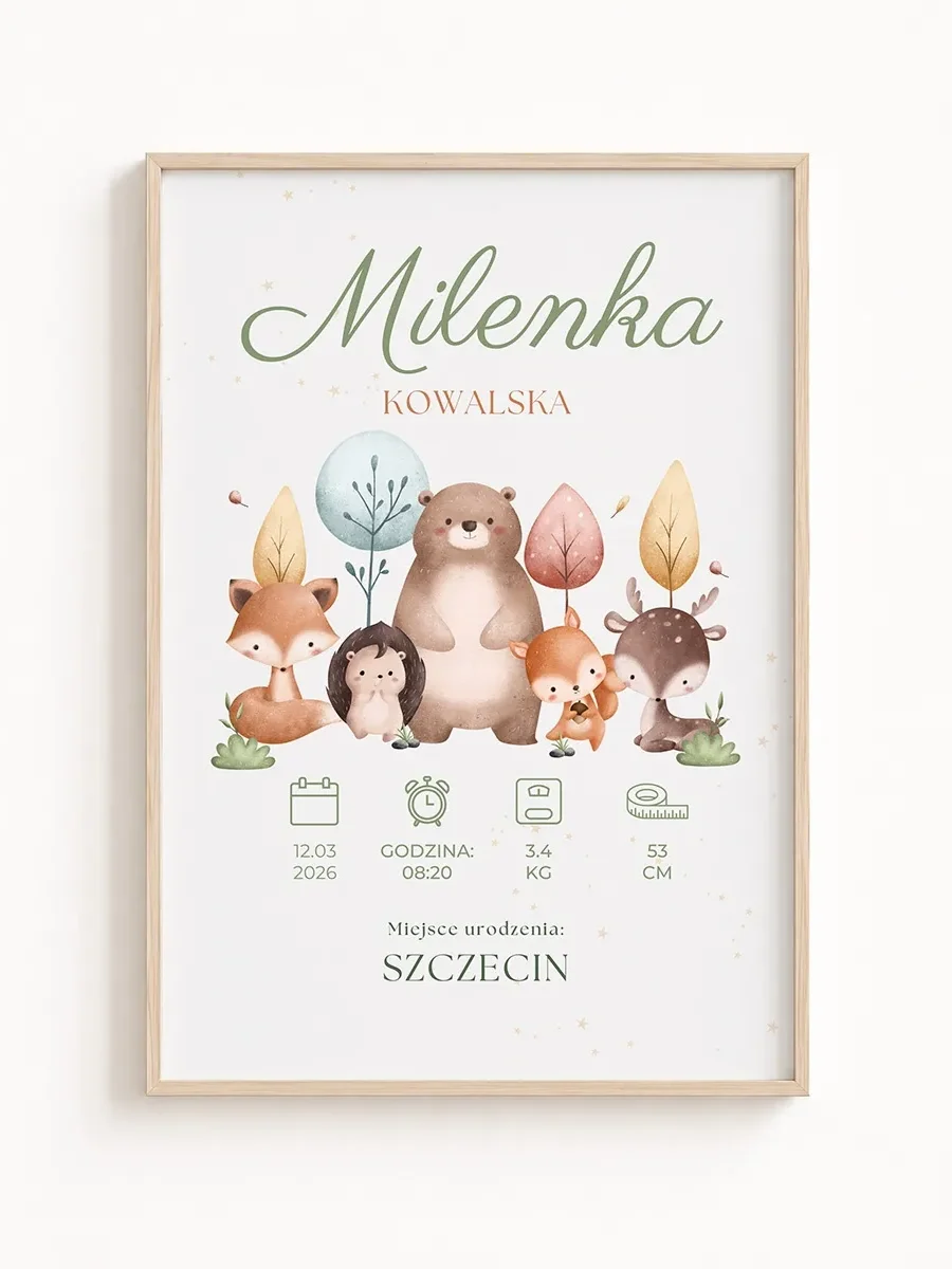 Personalizowana Metryczka Urodzenia Leśne Zwierzątka