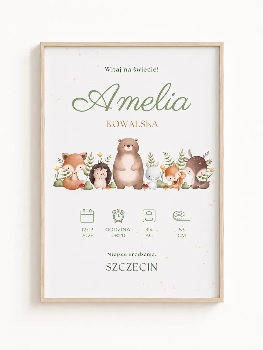 Personalizowana Metryczka Urodzenia Leśne Zwierzątka – Witaj na Świecie