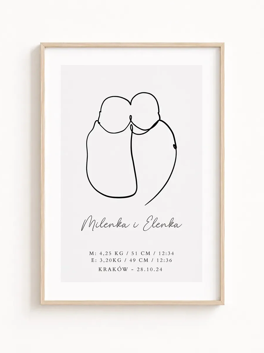 Personalizowany Plakat Narodzin Bliźniąt – Minimalistyczna Metryczka