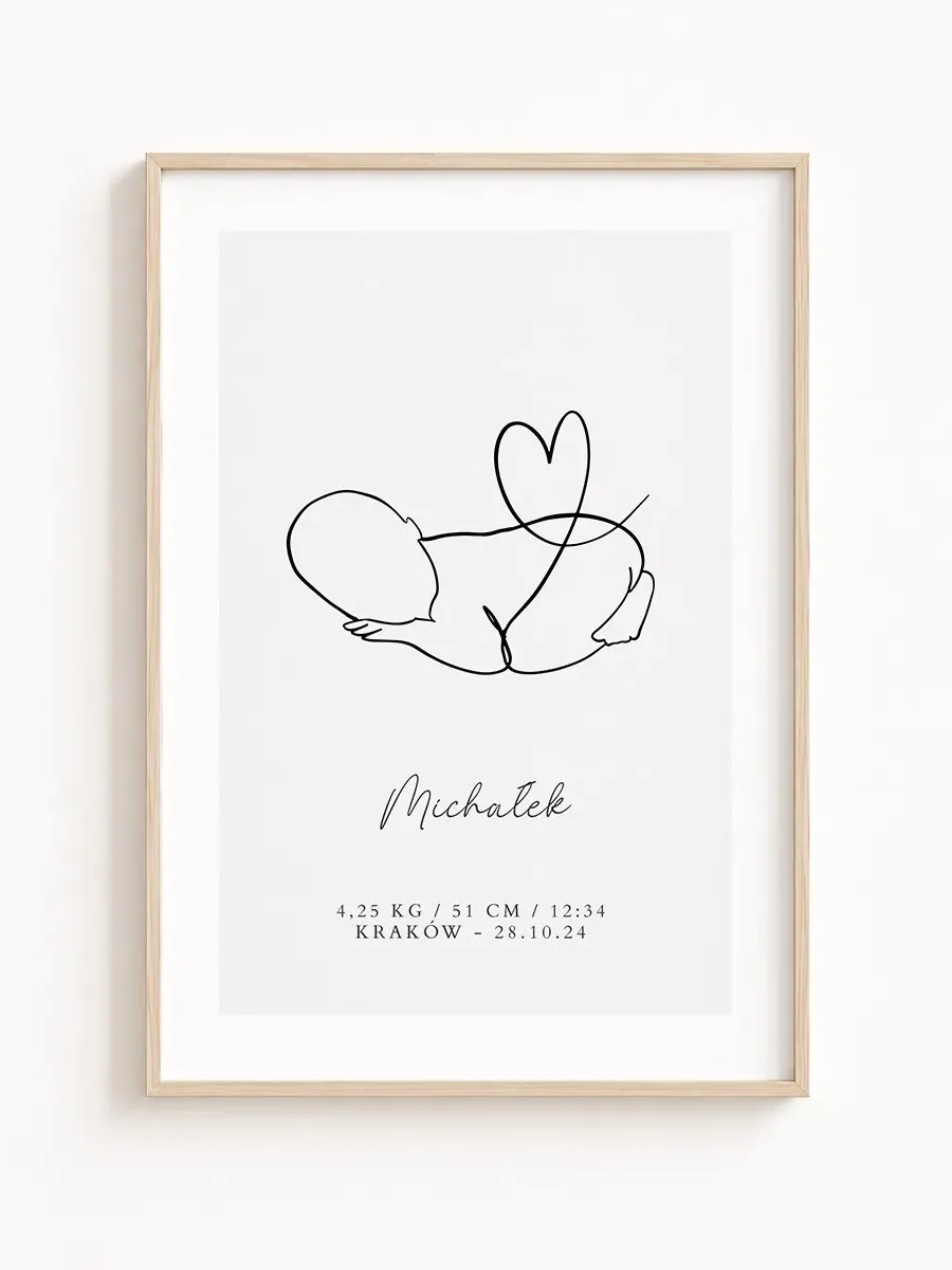 Personalizowana Metryczka Urodzenia Line Art – Śpiący Maluszek