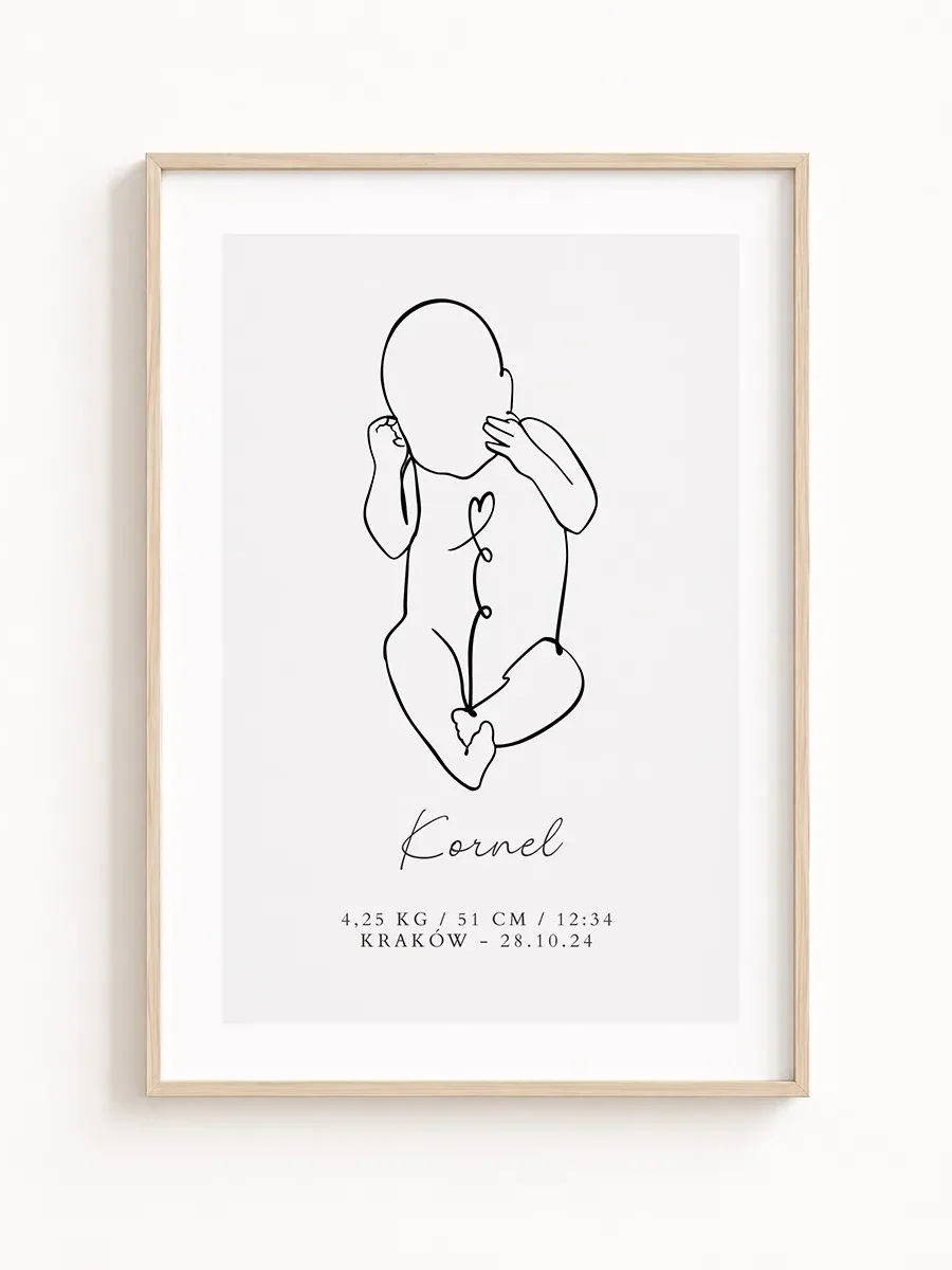 Metryczka Urodzenia Line Art z Sylwetką Noworodka – Personalizowany Plakat Narodzin Dziecka
