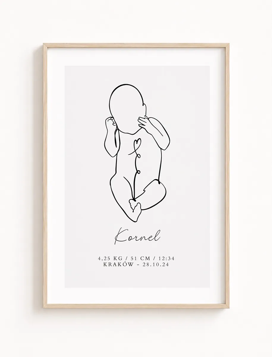 Metryczka Urodzenia Line Art z Sylwetką Noworodka – Personalizowany Plakat Narodzin Dziecka