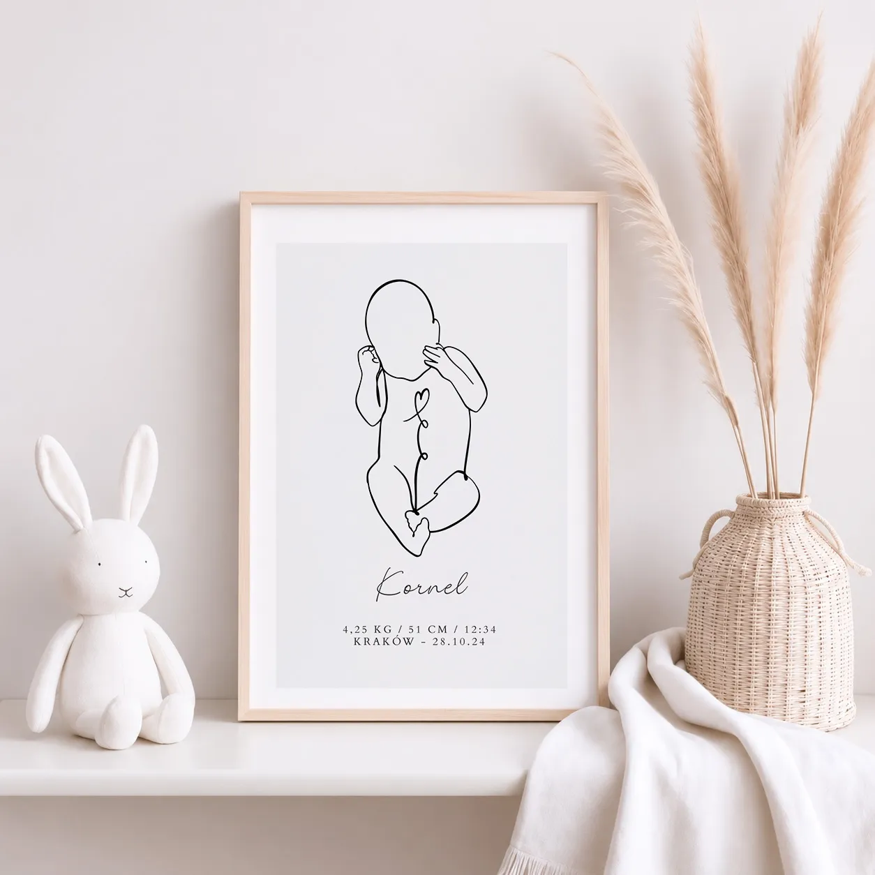 Metryczka Urodzenia Line Art z Sylwetką Noworodka – Personalizowany Plakat Narodzin Dziecka - obrazek 2