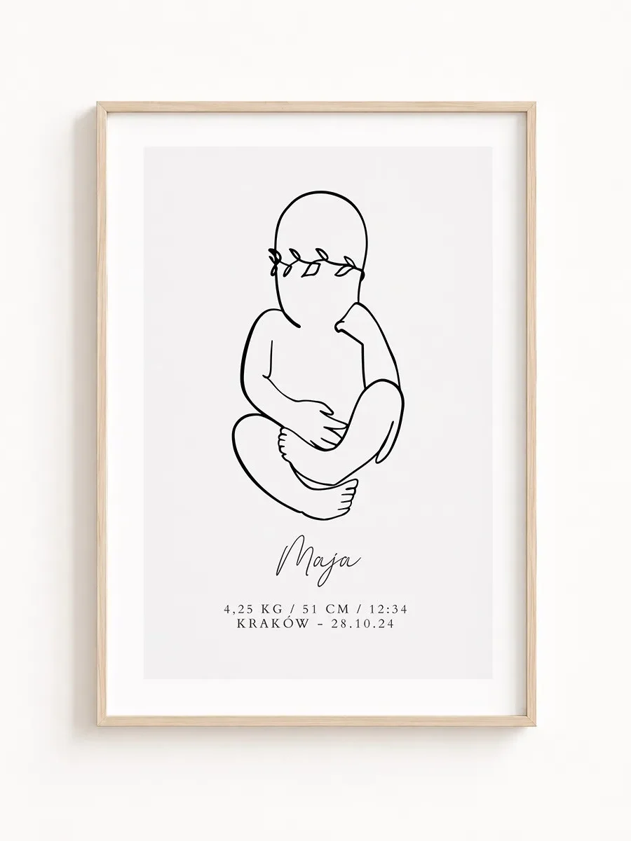 Metryczka Urodzenia Line Art dla Dziewczynki – Personalizowany Plakat Narodzin
