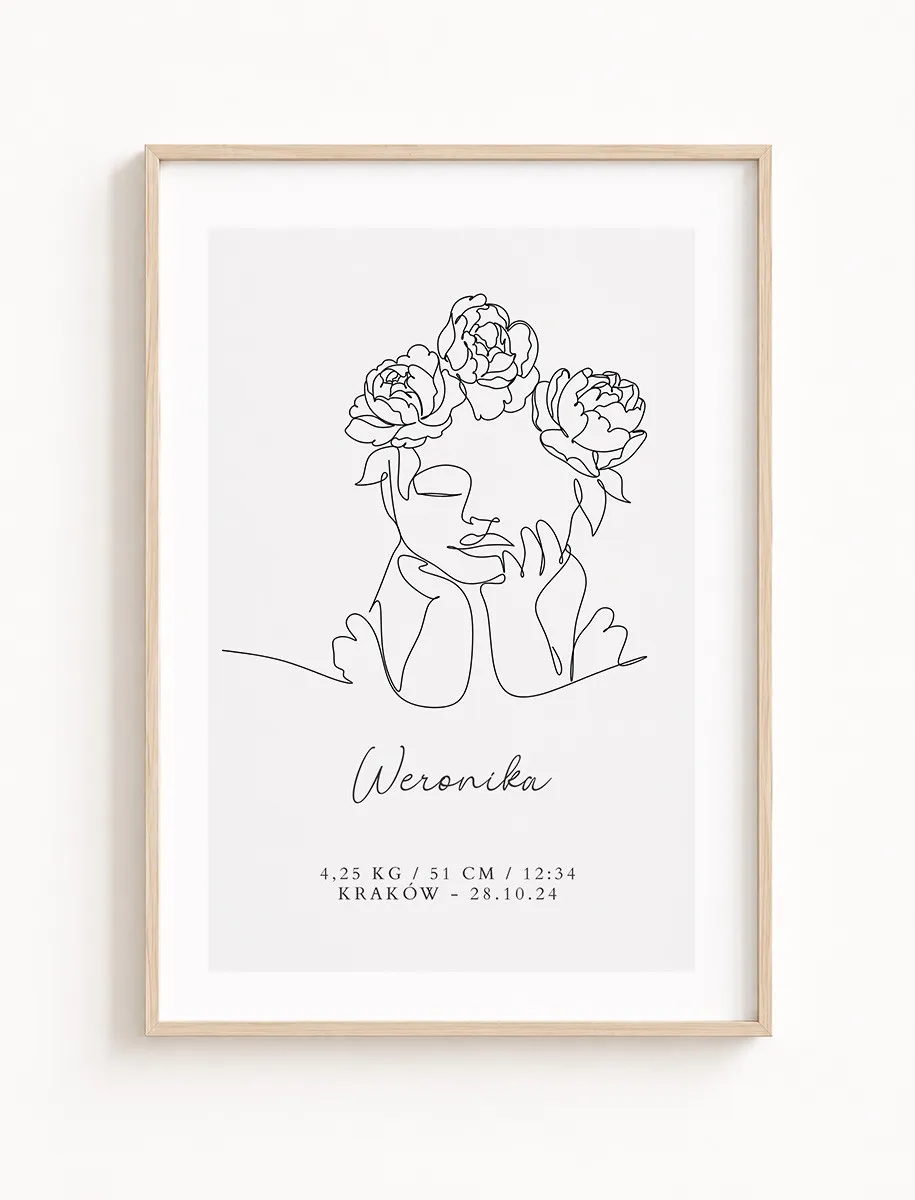 Metryczka Urodzenia Line Art z Kwiatowym Wiankiem – Personalizowany Plakat Narodzin Dziewczynki