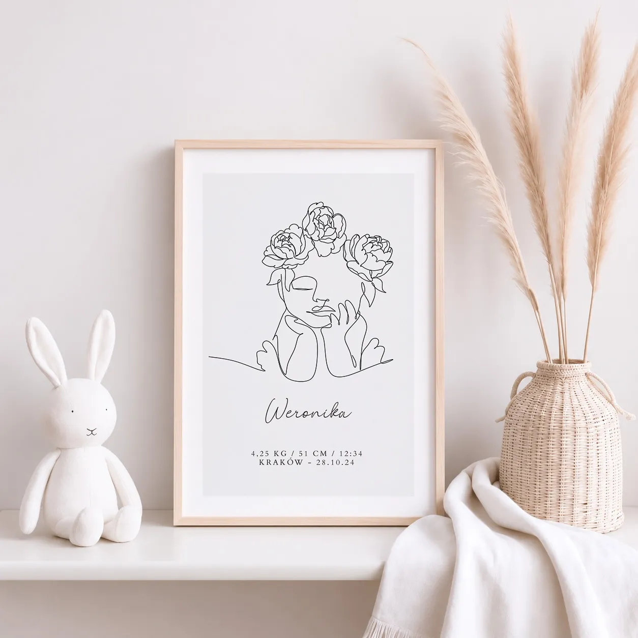 Metryczka Urodzenia Line Art z Kwiatowym Wiankiem – Personalizowany Plakat Narodzin Dziewczynki - obrazek 2