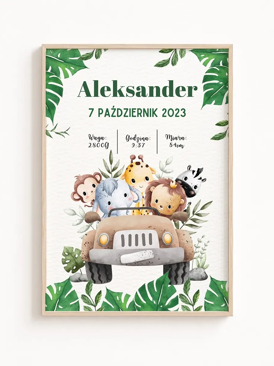 Metryczka Urodzenia Safari – Personalizowany Plakat z Dzikimi Zwierzętami