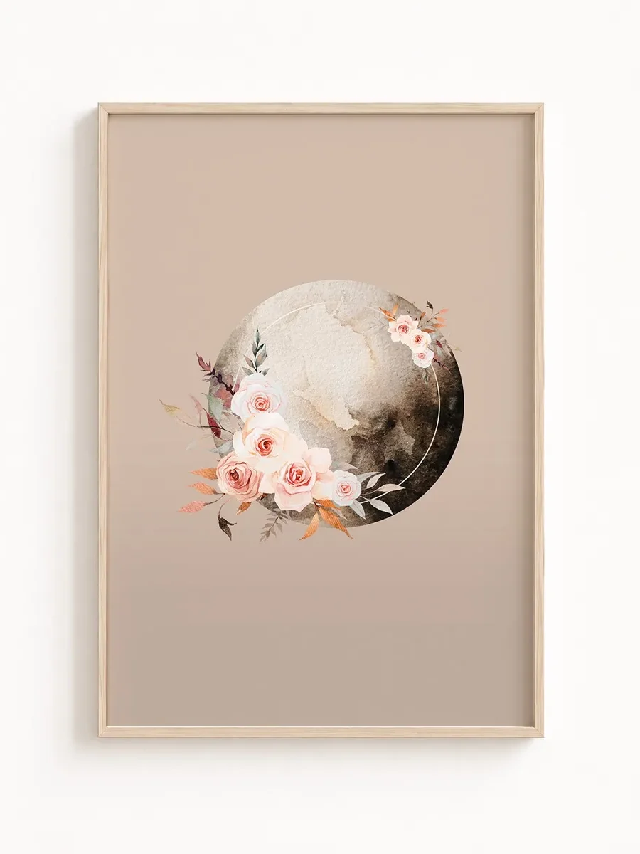 Plakat boho z fazami księżyca i kwiatami