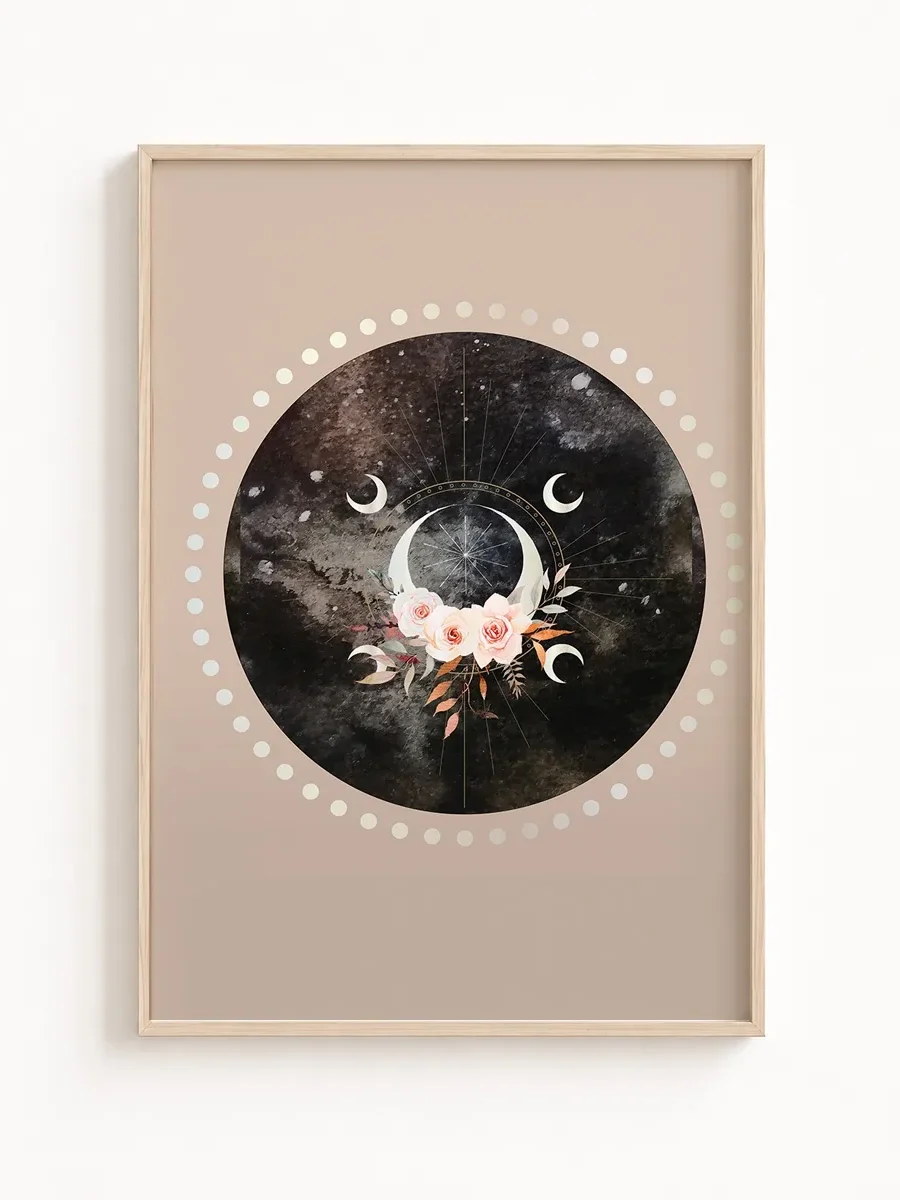 Plakat boho z fazami księżyca i kwiatami