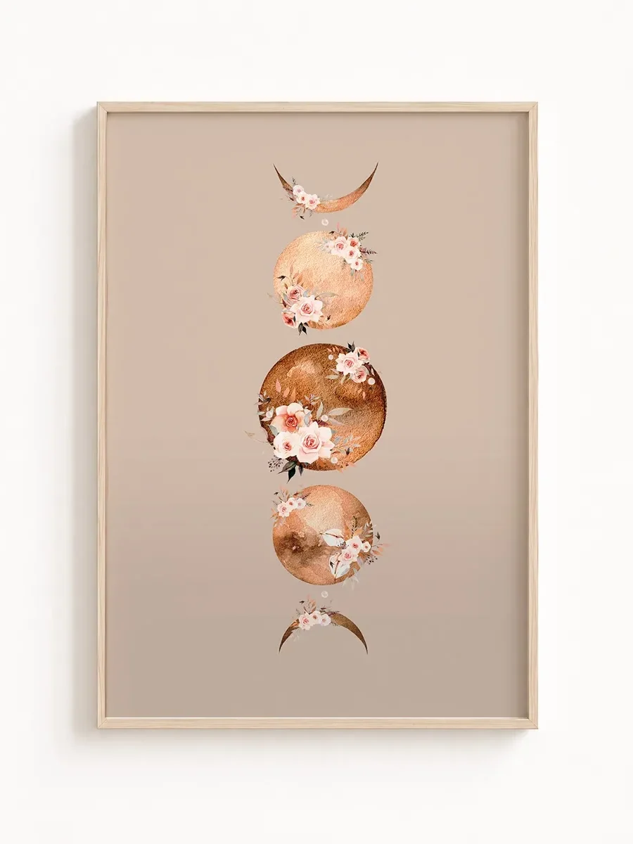 Plakat boho z fazami księżyca i kwiatami