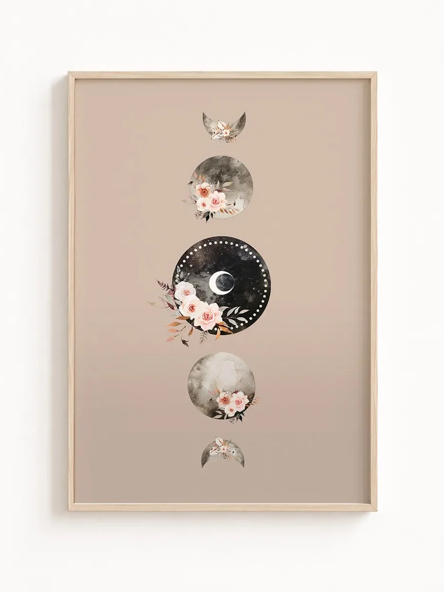 Plakat boho z fazami księżyca i kwiatami