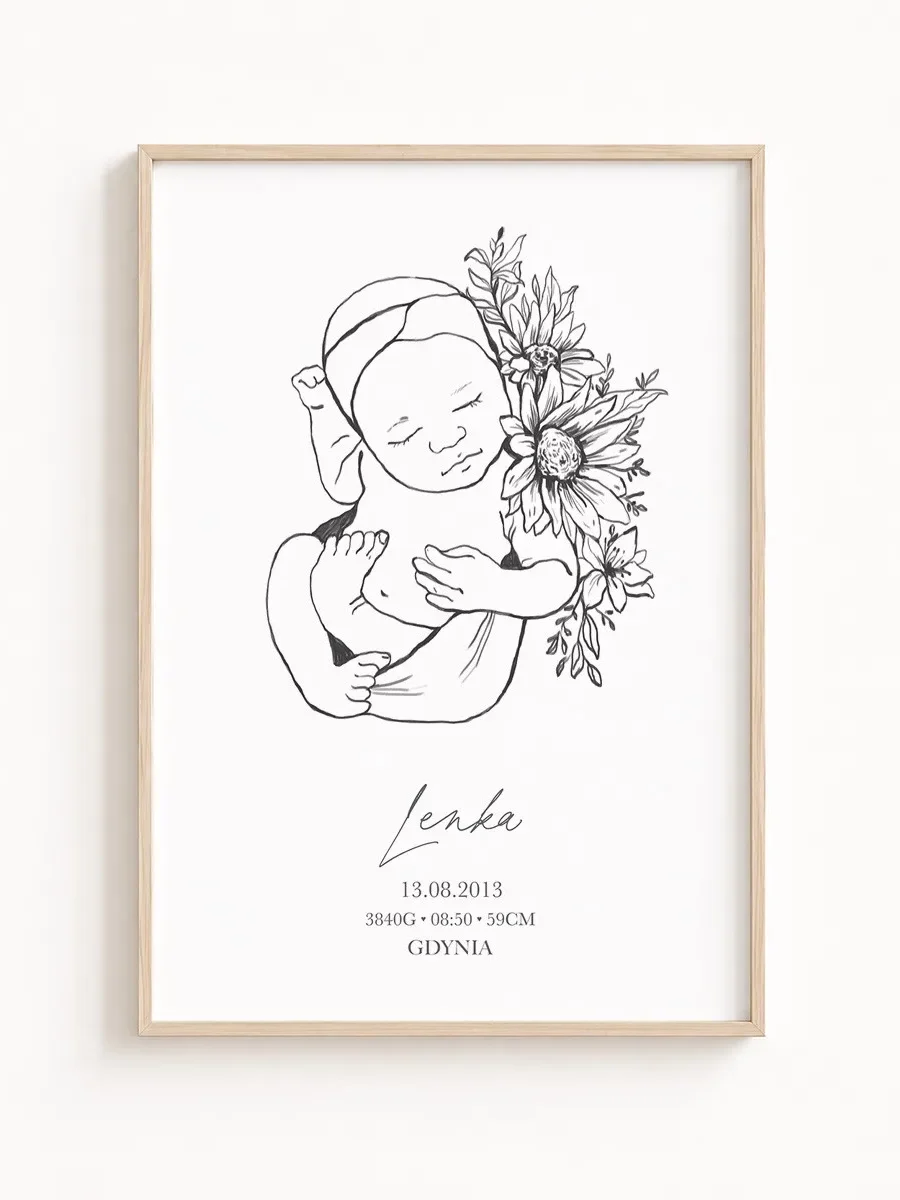 Metryczka urodzenia line art – personalizowany plakat dla dziecka