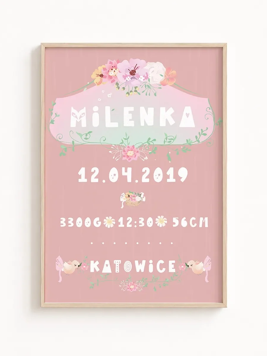Metryczka urodzenia Kwiatowa – personalizowany plakat dla dziewczynki