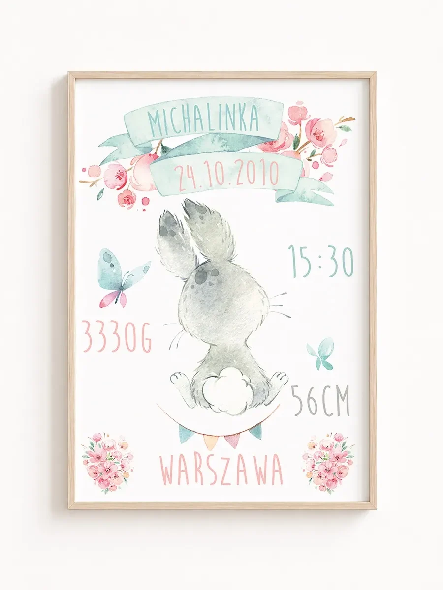 Metryczka urodzenia Króliczek – personalizowany plakat dla dziecka