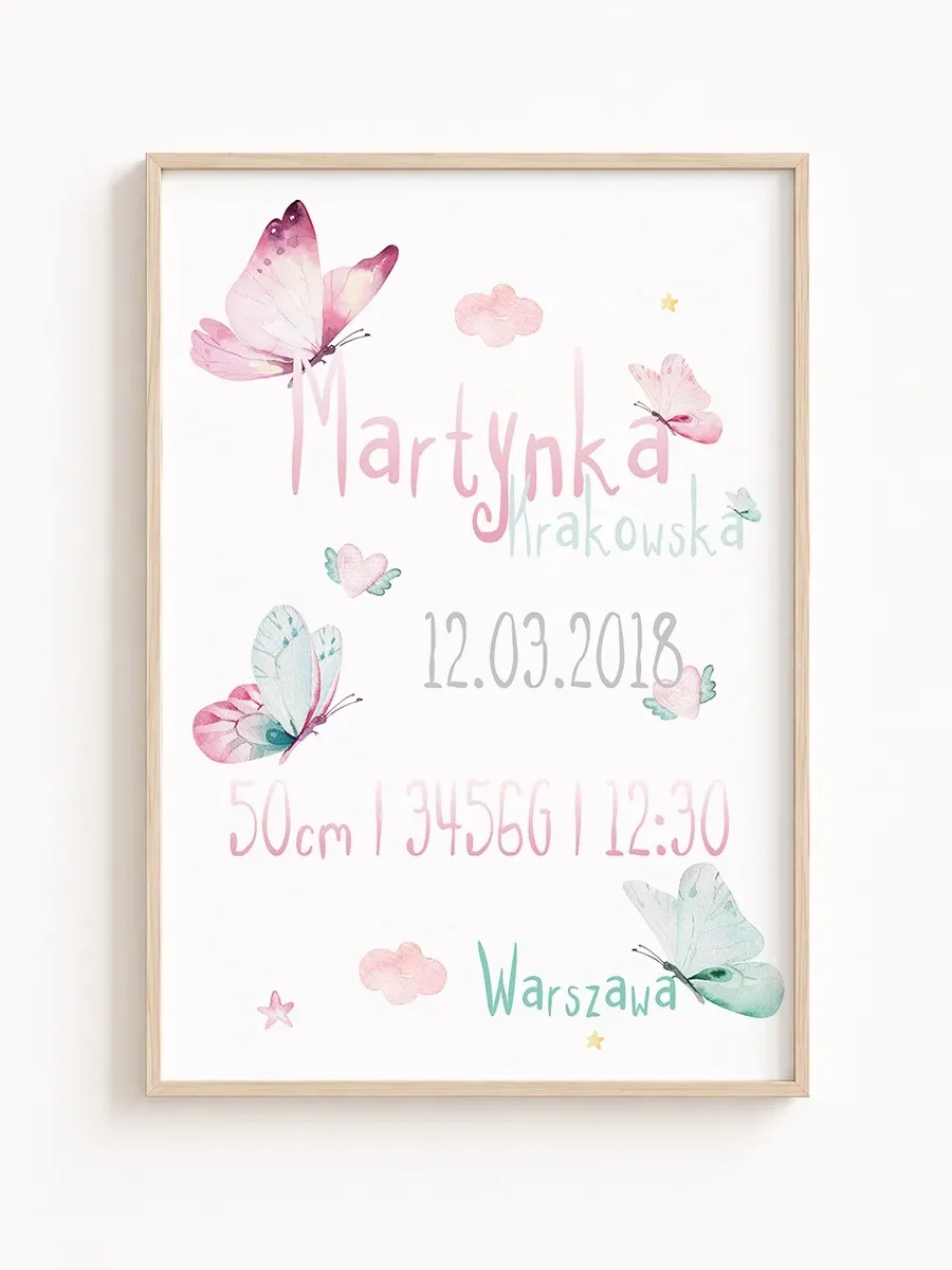 Personalizowana Metryczka Urodzenia z Motylami