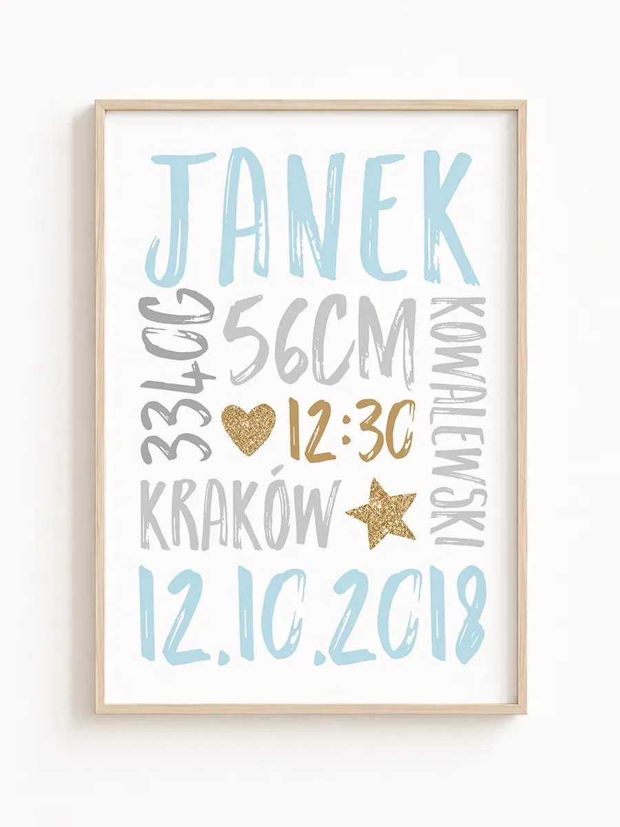 Metryczka Urodzenia Typograficzna – Błękitna