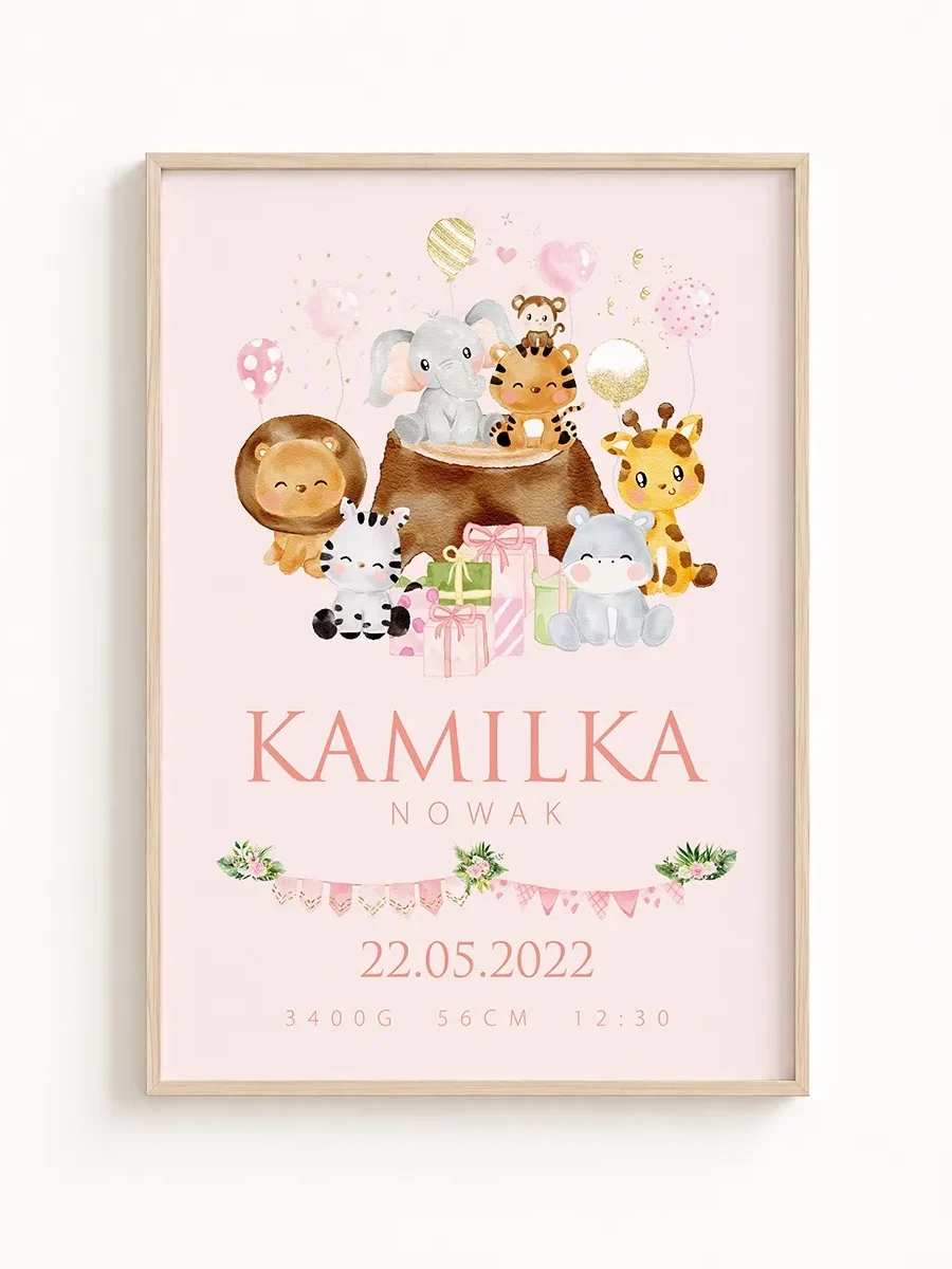 Metryczka urodzenia Safari Princess Samochód – personalizowany plakat dla dziewczynki