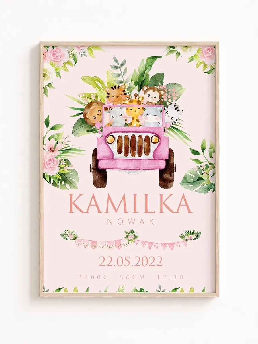 Metryczka urodzenia Safari Princess Samochód – personalizowany plakat dla dziewczynki