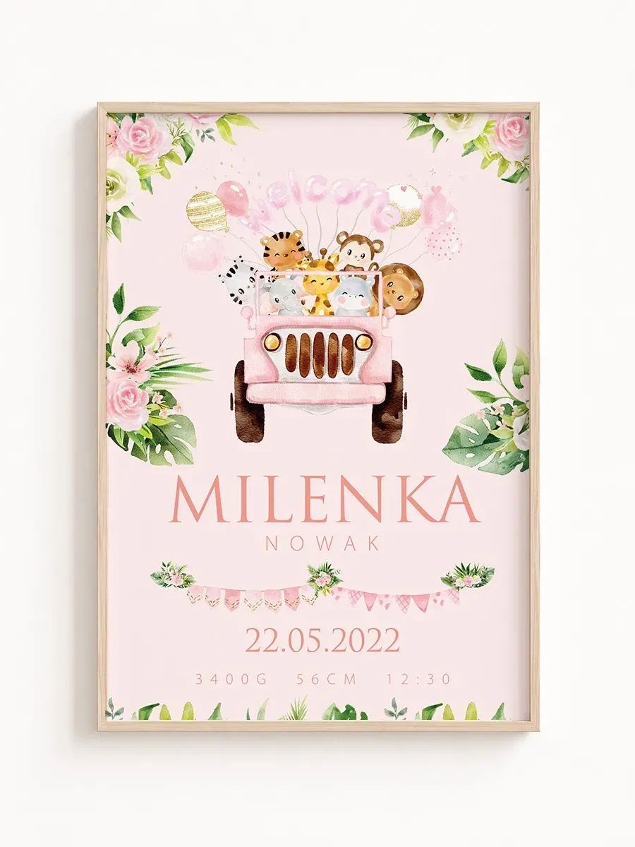 Metryczka urodzenia Safari Princess Samochód– personalizowany plakat dla dziewczynki