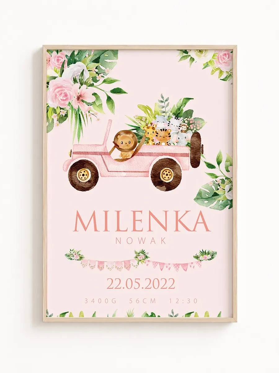 Metryczka urodzenia Safari Princess Samochód– personalizowany plakat dla dziewczynki