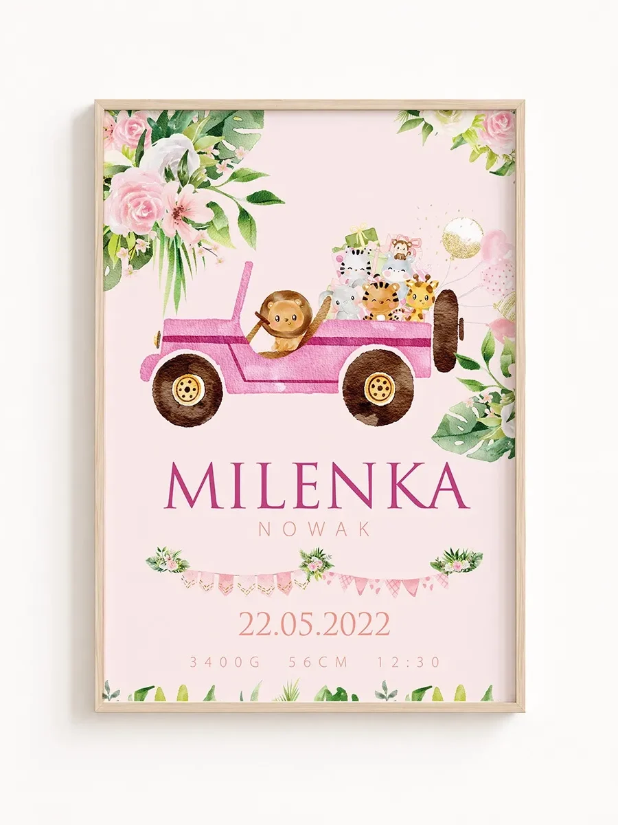 Metryczka urodzenia Safari Princess Samochód– personalizowany plakat dla dziewczynki