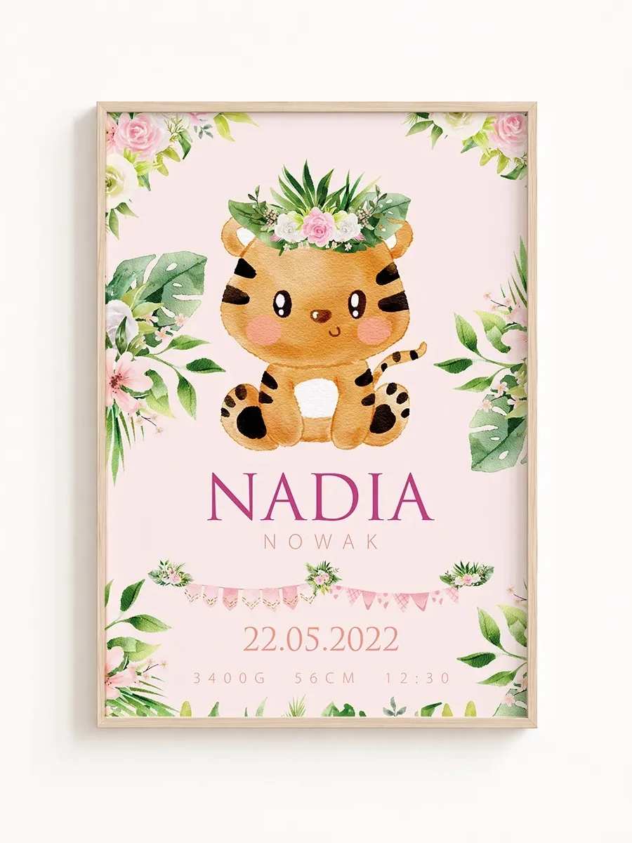 Metryczka urodzenia Safari Princess Tygrys– personalizowany plakat dla dziewczynki