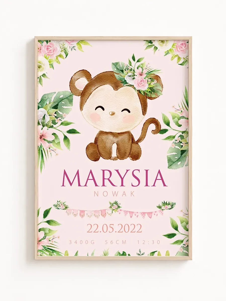 Metryczka urodzenia Safari Princess Małpka– personalizowany plakat dla dziewczynki