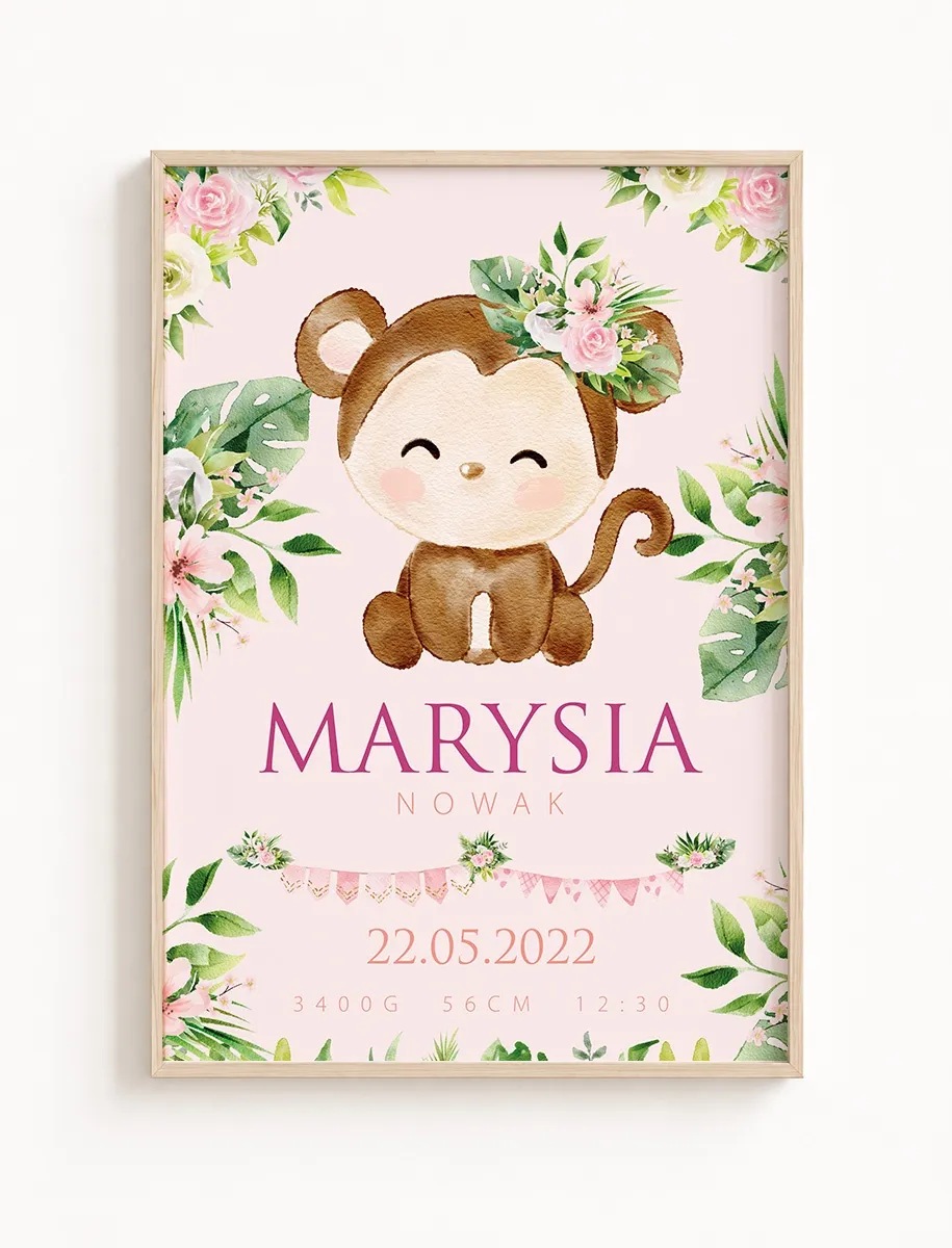 Metryczka urodzenia Safari Princess Małpka– personalizowany plakat dla dziewczynki