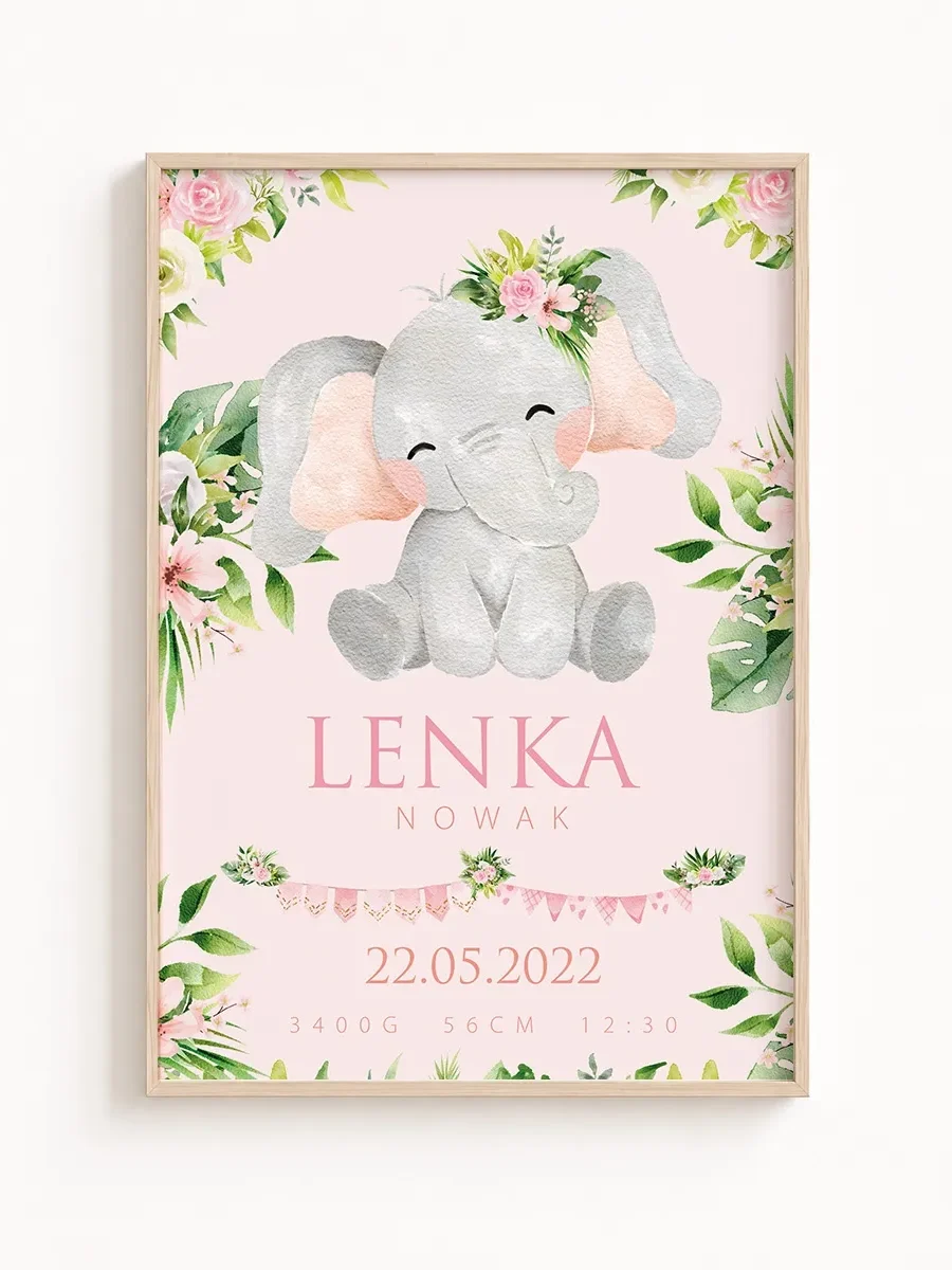 Metryczka urodzenia Safari Princess Słonik– personalizowany plakat dla dziewczynki