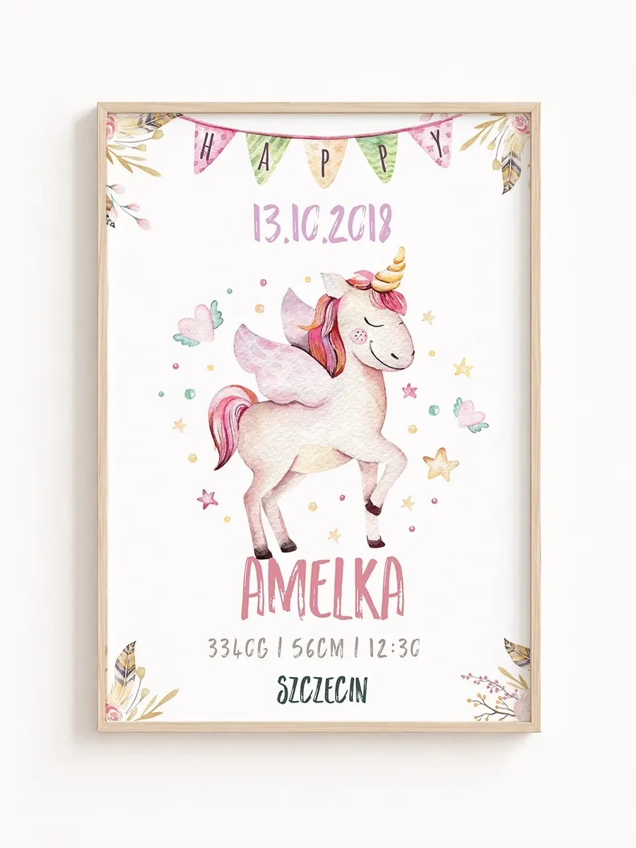 Personalizowana Metryczka Urodzenia z Magicznym Jednorożcem