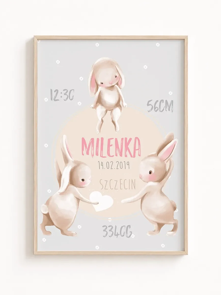Personalizowana Metryczka Urodzenia z Uroczymi Króliczkami