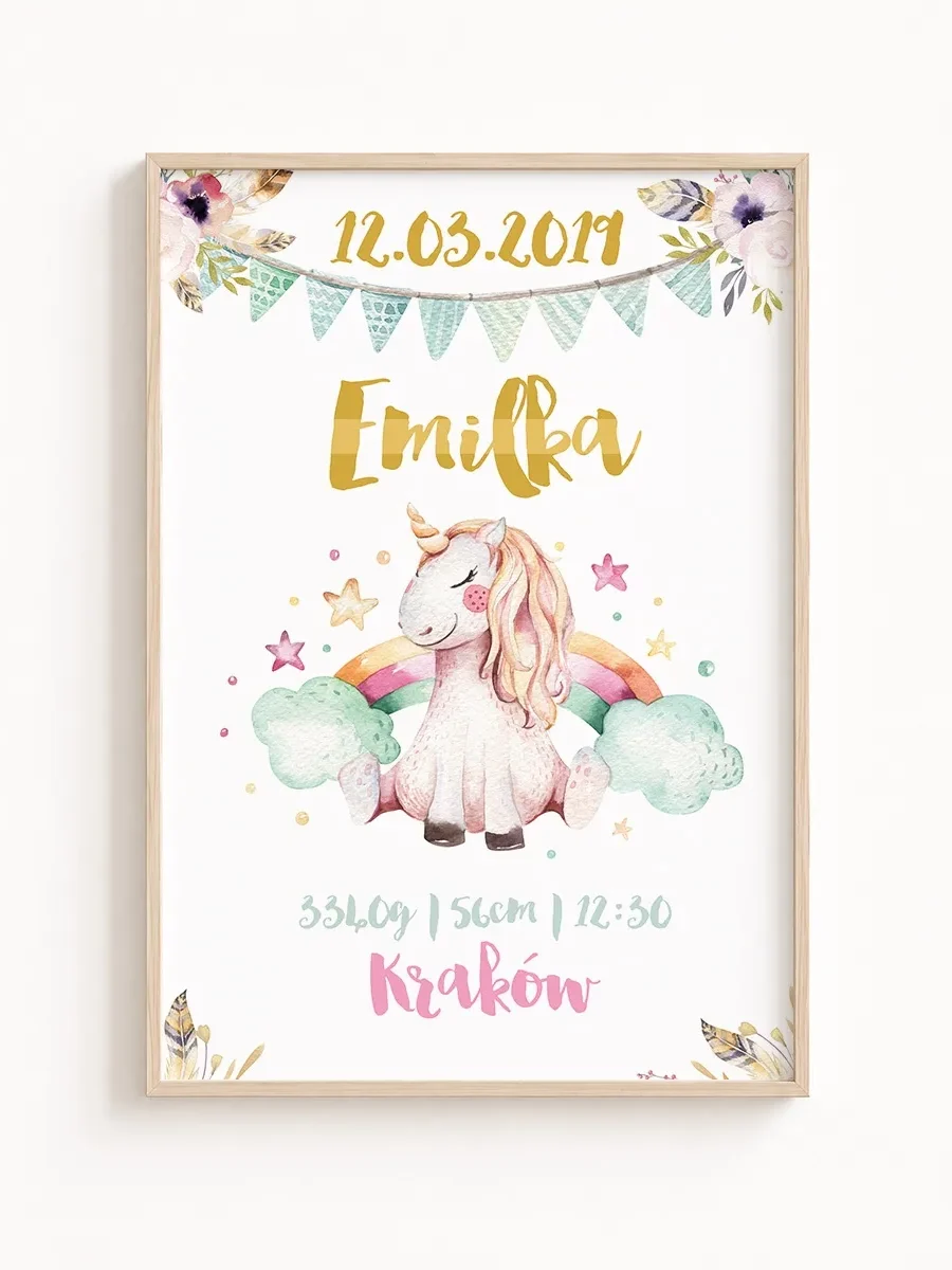 Personalizowana Metryczka Urodzenia z Jednorożcem
