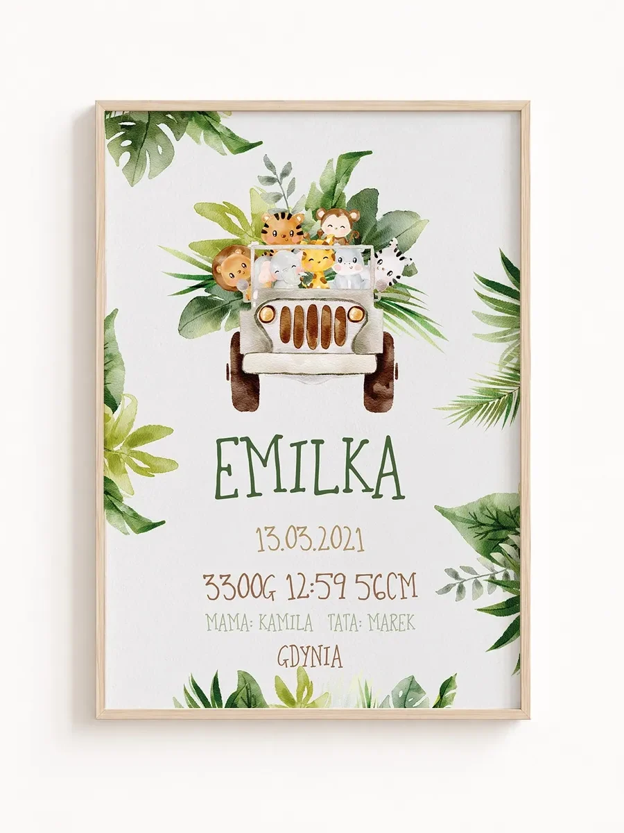 Metryczka urodzenia safari – personalizowany plakat dla dziecka