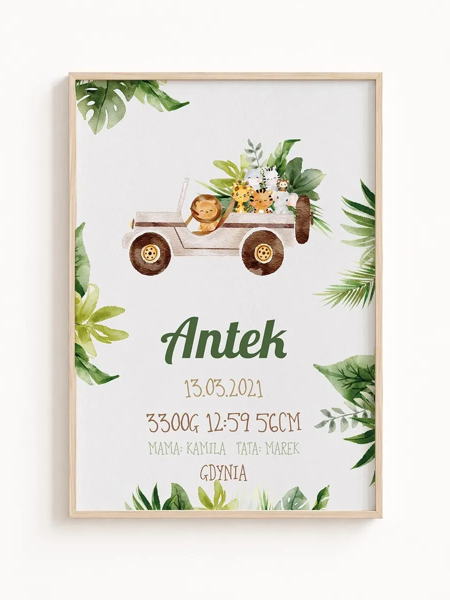 Metryczka urodzenia safari samochód – personalizowany plakat dla dziecka