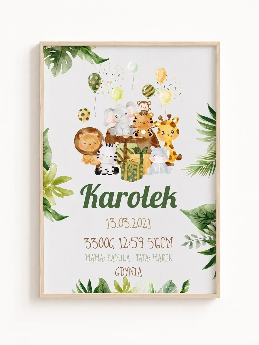 Metryczka urodzenia safari zwierzątka – personalizowany plakat dla dziecka