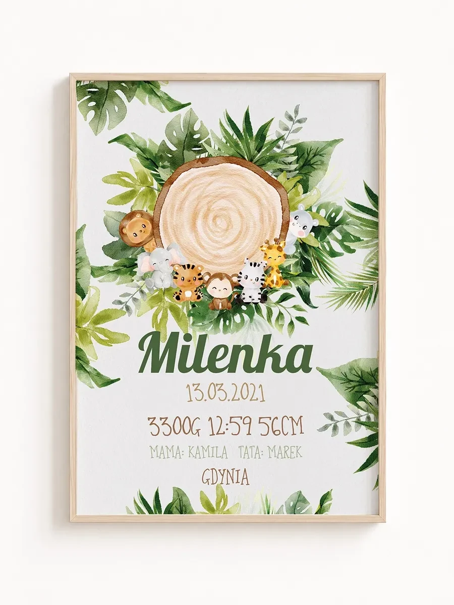 Metryczka urodzenia safari – personalizowany plakat dla dziecka