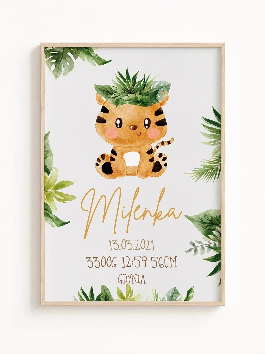 Metryczka urodzenia safari tygrys– personalizowany plakat dla dziecka (Kopia)