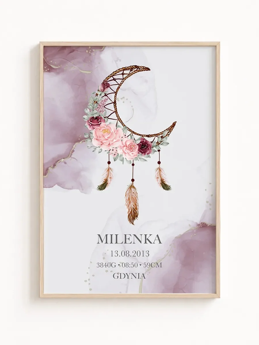 Metryczka urodzenia Magiczny łapacz snów– personalizowany plakat dla dziewczynki