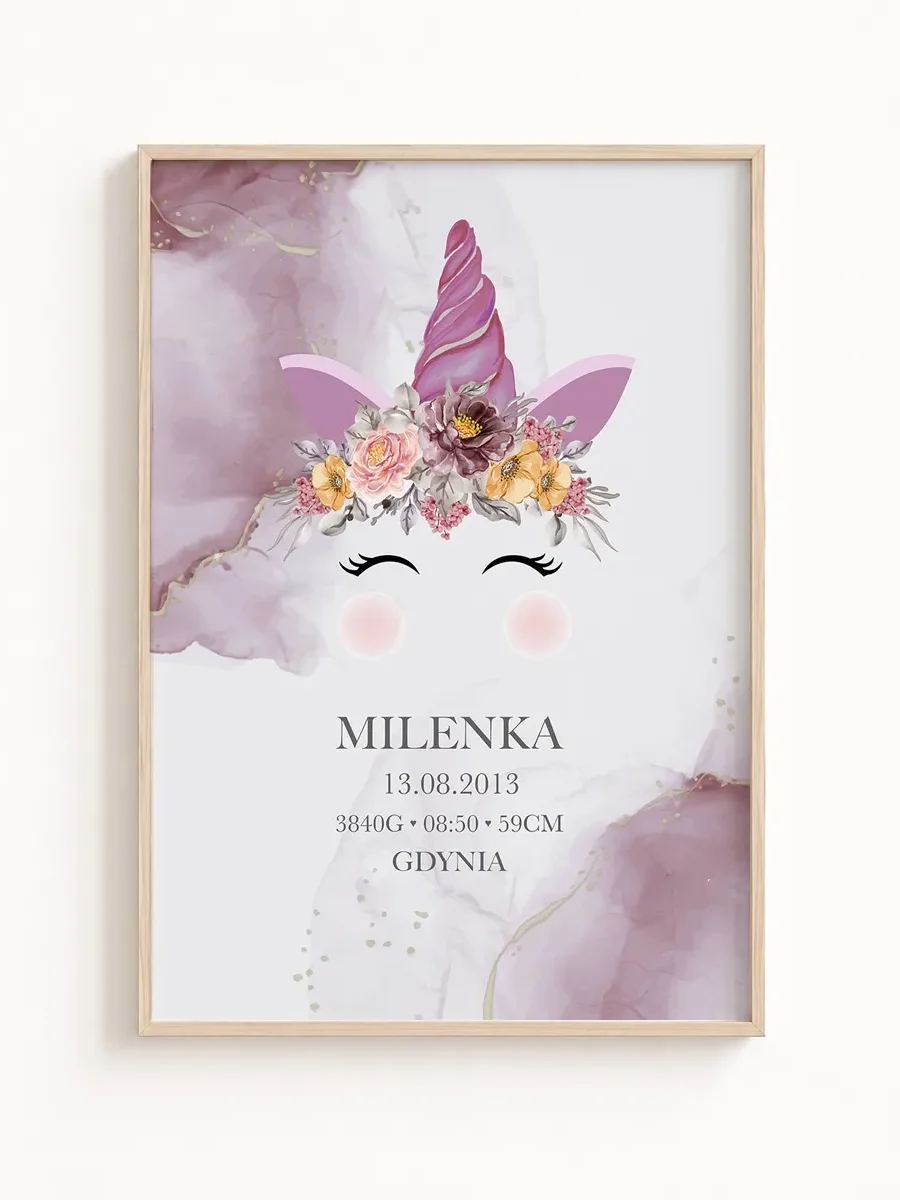 Metryczka urodzenia Magiczny jednorożec – personalizowany plakat dla dziewczynki