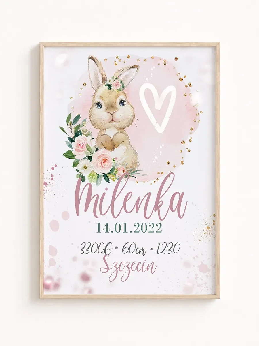 Metryczka Urodzenia Króliczek z Kwiatami