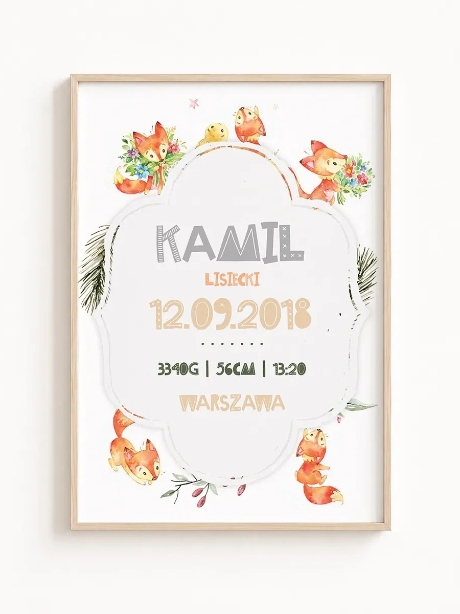 Personalizowana Metryczka Urodzenia Leśne Liski