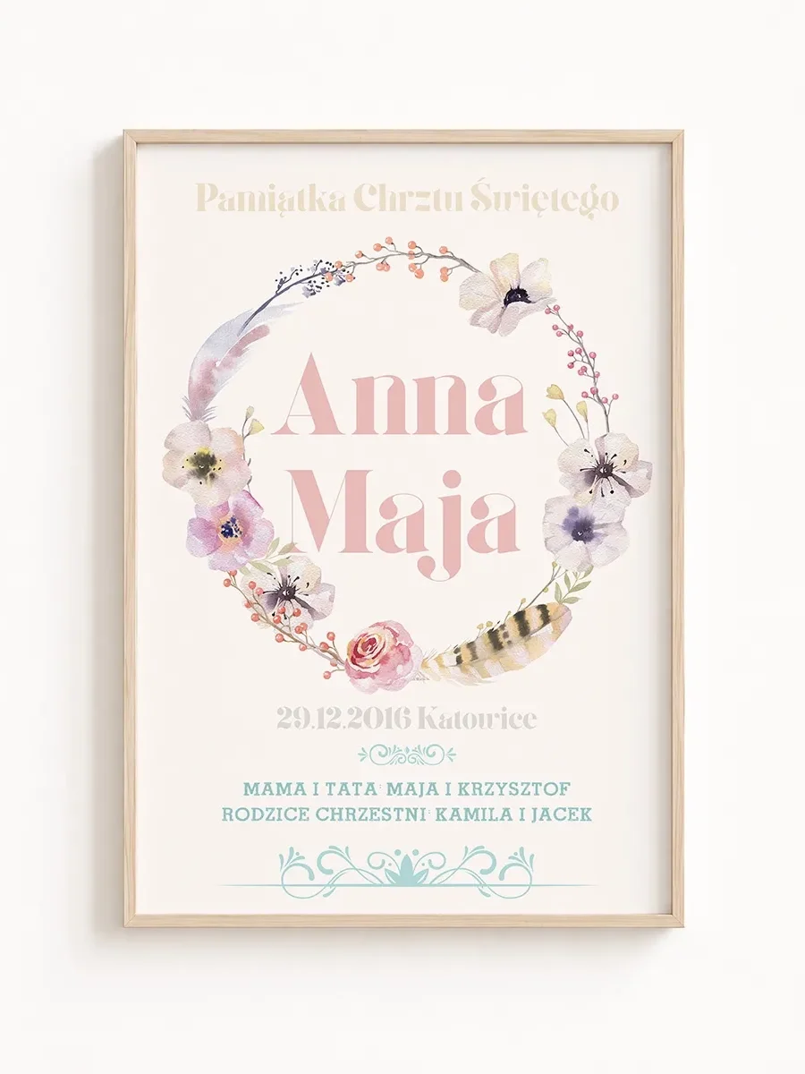 Personalizowana Pamiątka Chrztu Świętego – Kwiatowy Wianek